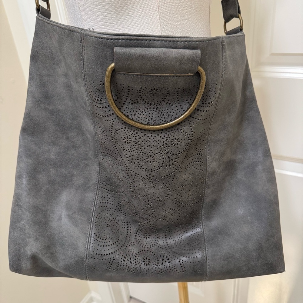 Gray Suede Shoulder Bag with Metallic Handle